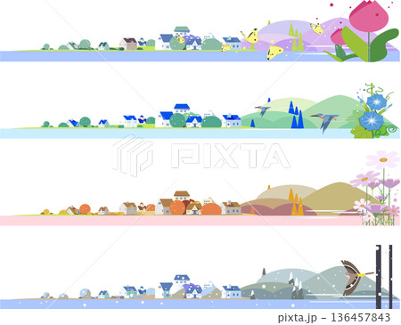 四季の街並みの風景イラストセット 春夏秋冬のバナーライン素材 136457843