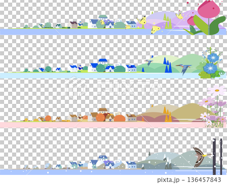 四季の街並みの風景イラストセット 春夏秋冬のバナーライン素材 136457843
