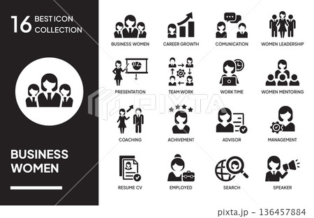 Set of Business Women Icon Concepts. Modern flat vector collection. Suitable for website, mobile app, user interface, presentation, infographic, dashboard, and digital design projects. 136457884