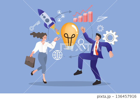 Startup success and innovation concept. A team celebrating a rocket launch and creative ideas, illustrating business growth and teamwork momentum. 136457916