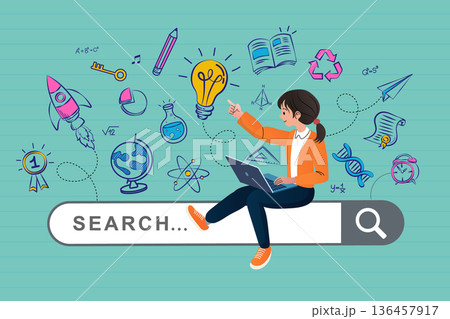 Digital knowledge search concept. A woman sitting on a search bar, symbolizing the quest for information and innovative thinking with educational icons. 136457917