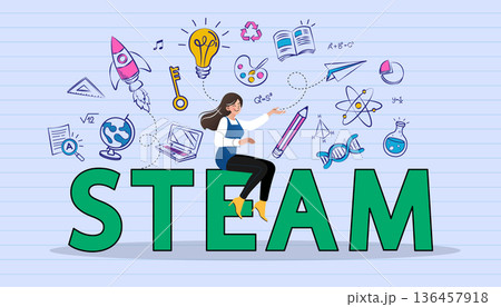 STEAM education concept featuring a woman sitting on large letters. Surrounded by creative doodles for science, technology, engineering, art, and mathematics on a lined paper background. 136457918