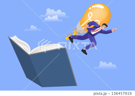 Achieve a career boost and business breakthrough through this creative concept of intellectual growth. It features a professional soaring from a book, symbolizing success from  136457919