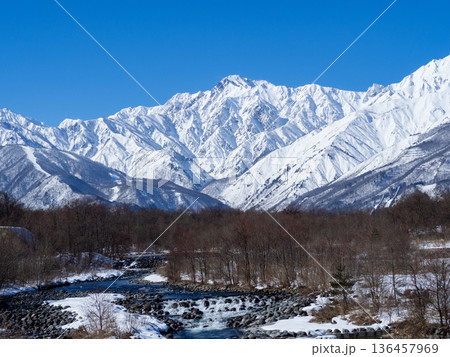冬景色　冠雪の北アルプス　長野県白馬村 136457969