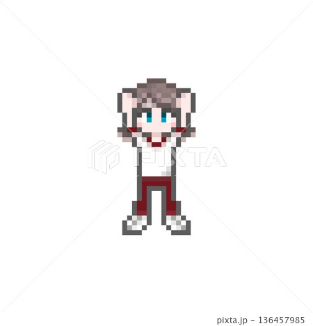 ドット絵のばんざいをするジャージ姿の女子学生 136457985