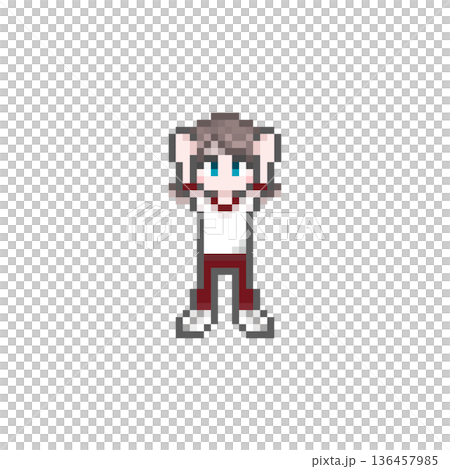 ドット絵のばんざいをするジャージ姿の女子学生 136457985