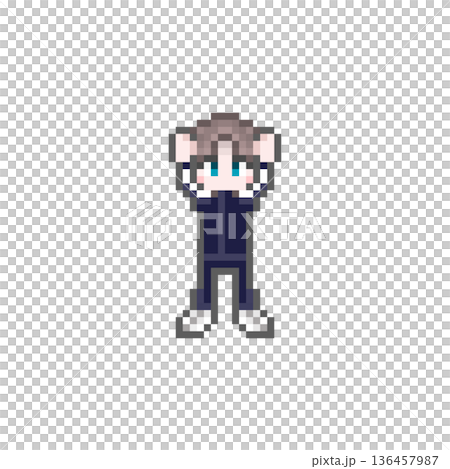 ドット絵のばんざいをする長袖ジャージ姿の男子学生 136457987