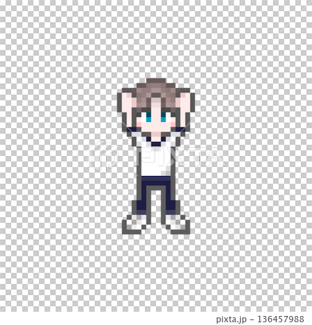 A male student in a jersey cheering in a pixel art style 136457988