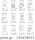 A comprehensive set of 12 electric coffee grinder illustrations in a clean black and white line art style. This collection features various designs, from professional espresso grinders to home brewing 136458031
