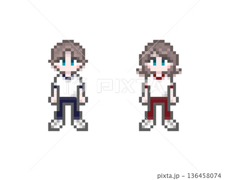 ドット絵の半袖ジャージ姿の学生男女 136458074