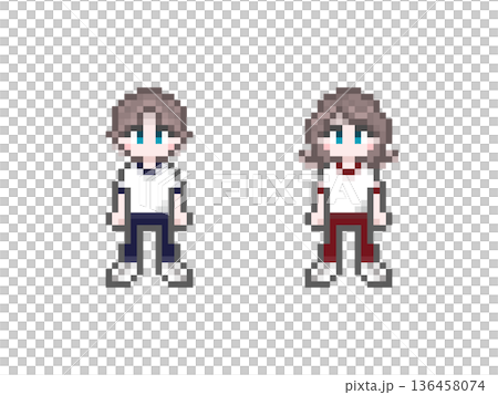 ドット絵の半袖ジャージ姿の学生男女 136458074