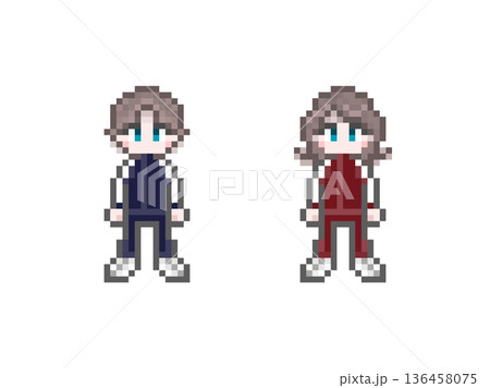 ドット絵の長袖ジャージ姿の学生男女 136458075