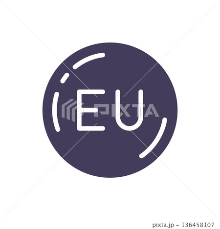 Solid EU sign icon shows European Union emblem symbol badge with letters EU representing identity mark membership stamp and union branding 136458107