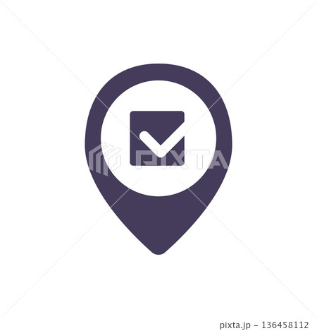 Solid polling station location icon with pin and tick mark symbolizes voting place and election day directions guide Solid polling station location icon with pin and tick mark symbolizes voting place and election day directions guide 136458112