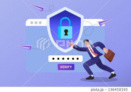 Cyber security and data protection concept with businessman. Professional man verifying secure login with shield and padlock. Flat vector illustration for internet safety and data privacy. 136458193