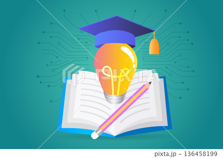 AI in education and creative learning concept. Glowing light bulb with graduation cap on book and pencil over digital circuit lines. Symbolizes machine learning and future classroom technology. AI in education and creative learning concept. Glowing light bulb with graduation cap on book and pencil over digital circuit lines. Symbolizes machine learning and future classroom technology. 136458199