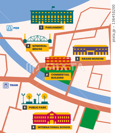 Building icons on city map infographic. Building icons on city map infographic. 136458200