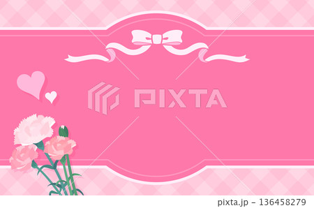 母の日のカーネーションとリボンフレーム3_ピンク文字なし_横 136458279