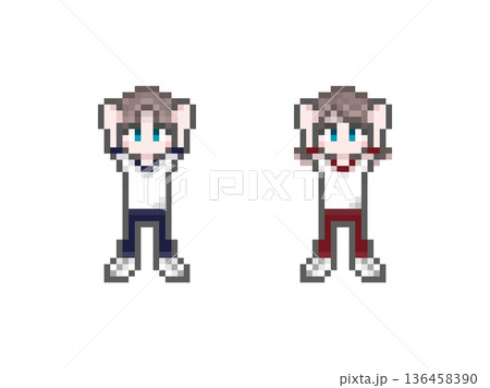 ドット絵のばんざいをする半袖ジャージ姿の学生男女 136458390