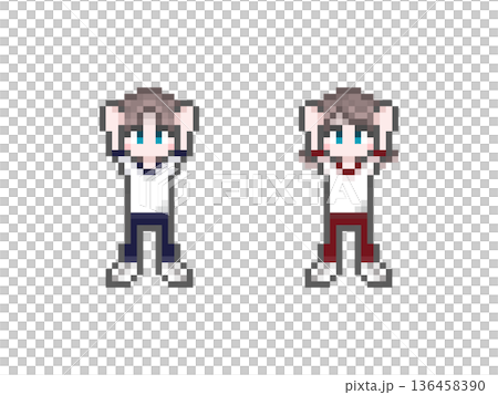 ドット絵のばんざいをする半袖ジャージ姿の学生男女 136458390