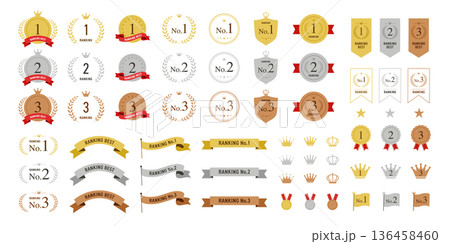ランキング バッジ 賞 メダル フレーム 金 銀 銅 アイコンセット ベクター フラットデザイン ランキング バッジ 賞 メダル フレーム 金 銀 銅 アイコンセット ベクター フラットデザイン 136458460