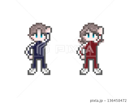 ドット絵のガッツポーズをする長袖ジャージ姿の学生男女 136458472