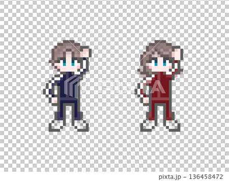 ドット絵のガッツポーズをする長袖ジャージ姿の学生男女 136458472