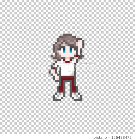 ドット絵のガッツポーズをする半袖ジャージ姿の女子学生 136458473