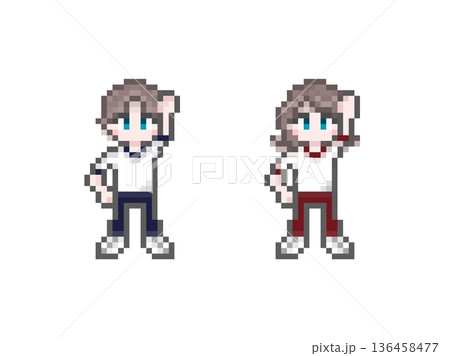ドット絵のガッツポーズをする半袖ジャージ姿の男女学生 ドット絵のガッツポーズをする半袖ジャージ姿の男女学生 136458477