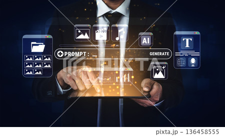 Business professional using digital tablet with graphic interface showcasing data generation, artificial intelligence, and multimedia elements in dark setting Quark 136458555