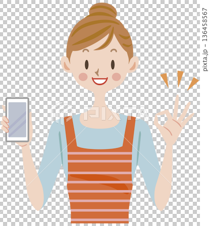 一位家庭主婦拿著智慧型手機，比出「OK」手勢 136458567