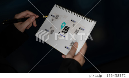 Person Holding Sketchbook with Map Symbols and Location Marker in Dark Setting for Creative Concept Development and Planning Gantry Person Holding Sketchbook with Map Symbols and Location Marker in Dark Setting for Creative Concept Development and Planning Gantry 136458572