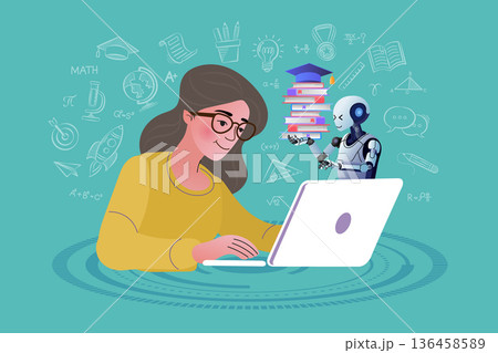 Future education concept with a student and AI robot assistant. Integrating technology and creative learning with floating doodles on a teal  136458589