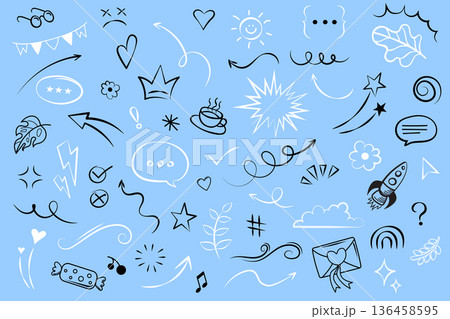 A collection of cute hand-drawn icons including arrows, stars, hearts, and speech bubbles on a light blue background. Perfect for bullet journals, stickers, and digital marketing graphics. 136458595