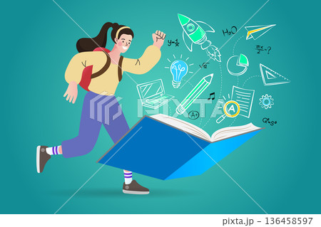 Education concept with creative learning icons and student girl. Flat vector illustration of a girl jumping with joy from a book filled with rocket, lightbulb, and science symbols. 136458597