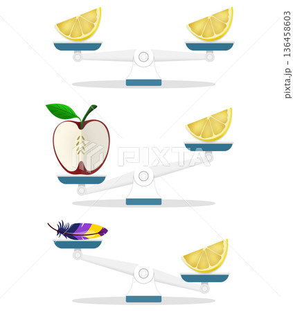 Education of balance scales comparing fruit, feather to demonstrate weight concept, Visual learning material for early childhood education teaching heavy, light differences through object comparison Education of balance scales comparing fruit, feather to demonstrate weight concept, Visual learning material for early childhood education teaching heavy, light differences through object comparison 136458603