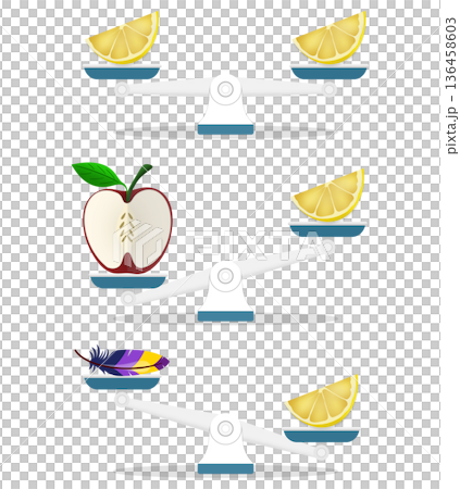 Education of balance scales comparing fruit, feather to demonstrate weight concept, Visual learning material for early childhood education teaching heavy, light differences through object comparison Education of balance scales comparing fruit, feather to demonstrate weight concept, Visual learning material for early childhood education teaching heavy, light differences through object comparison 136458603