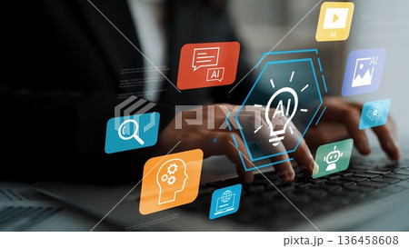 Hands of a Professional Typing on Laptop in a Modern Office Setting Surrounded by Colorful Digital Icons Representing Artificial Intelligence Concepts Gluon 136458608