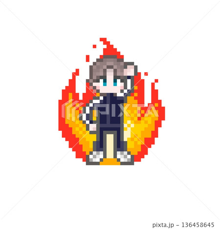 ドット絵のやる気に燃えるガッツポーズをする長袖ジャージ姿の男子学生 ドット絵のやる気に燃えるガッツポーズをする長袖ジャージ姿の男子学生 136458645
