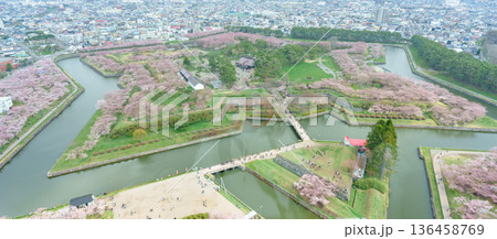 Beautiful Sakura Cherry Blossom in Spring season from Goryokaku Tower in Hakodate city, Hokkaido prefecture, Japan. landmark for tourists attractions in Hokkaido, Japan Travel and destination 136458769