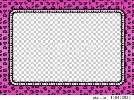 平成レトロなヒョウ柄の背景フレーム ピンクのレオパード柄とラインストーンのデコレーションベクター素材 136458929