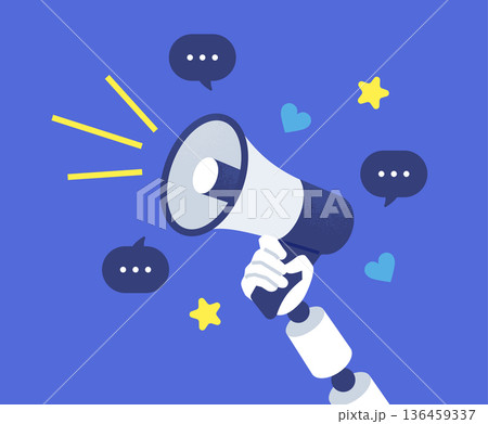 マーケティングオートメーション。メガホンを持つロボットの手とSNSのリアクションのベクター素材。 マーケティングオートメーション。メガホンを持つロボットの手とSNSのリアクションのベクター素材。 136459337