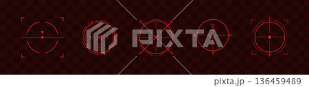 Crosshair Hud red. Immersive game interface. Various weapon thermal infrared sights, sniper rifle optical scopes. Set of simple Vector icons 136459489