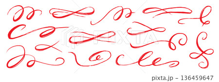 Flourish drawn swash red set. Red flourish calligraphy hand drawn pen brush ink thin stroke line..Vintage doodle swirl scroll underline text decoration texture grunge. Vector Flourish drawn swash red set. Red flourish calligraphy hand drawn pen brush ink thin stroke line..Vintage doodle swirl scroll underline text decoration texture grunge. Vector 136459647