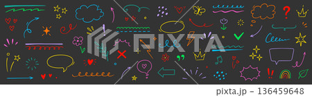 Cute line color star, arrow, heart decoration element icon set. Hand drawn sketch doodle cute star, emphasis, flower element. Brush pen line text decoration icons. Hand drawn vector 136459648