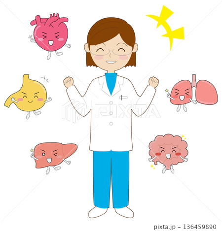 健康な臓器キャラクターと白衣の女性 健康な臓器キャラクターと白衣の女性 136459890