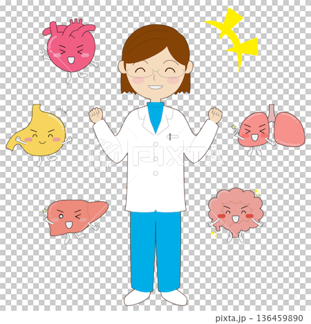 健康な臓器キャラクターと白衣の女性 健康な臓器キャラクターと白衣の女性 136459890