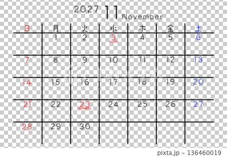 2027年簡易日曆 十一月 星期 日文 136460019