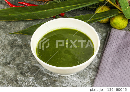 Green spinach cream vegan soup 136460046