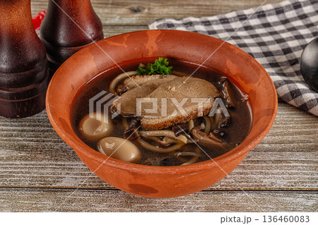 Japanese Ramen soup with duck 136460083